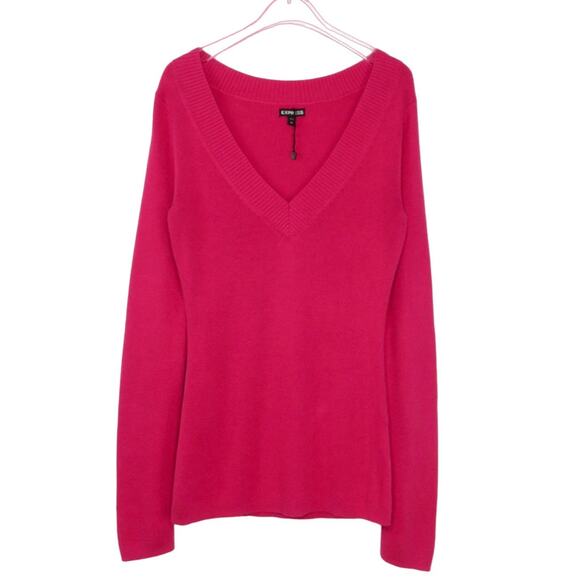 Express Pink V-Neck Sweater Classic Knit Hot Pink Barbie Style Cozycore Medium - Picture 2 of 5